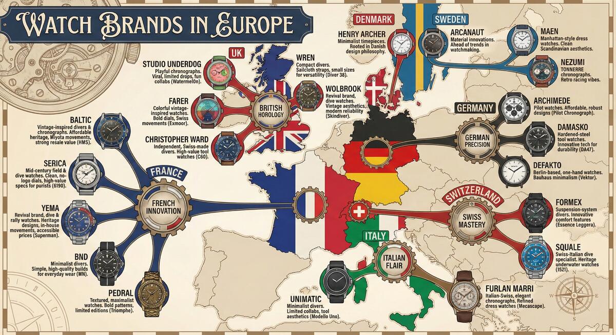 Watch Brands in Europe - Infographic showing European microbrand watch companies by country