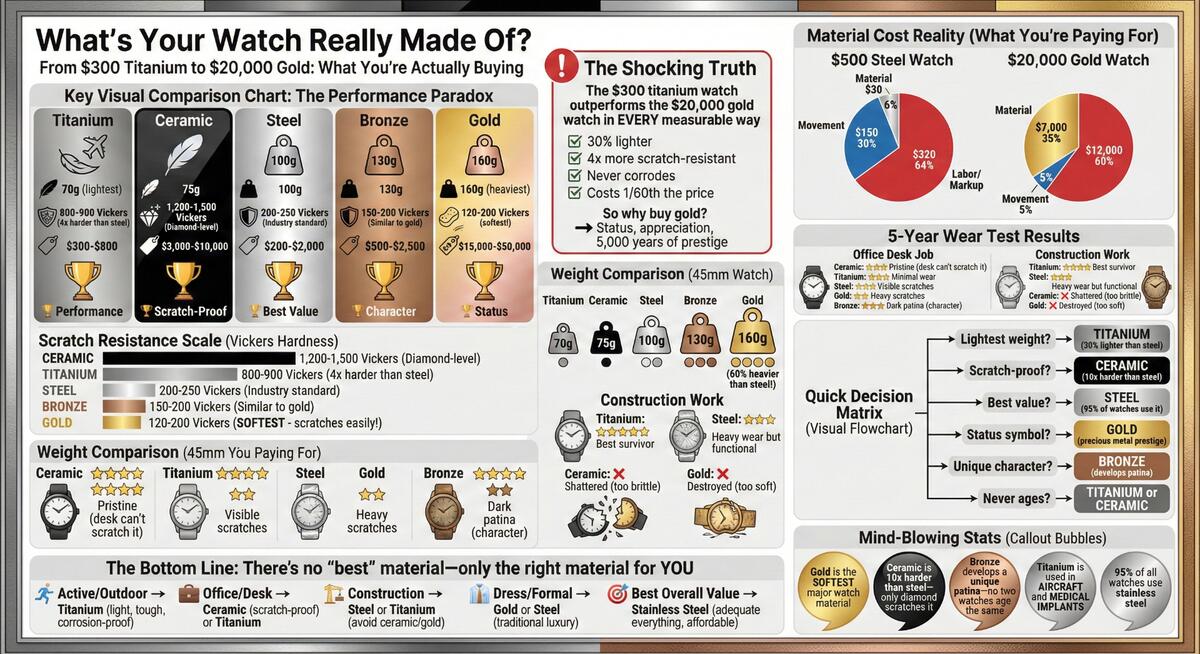 Watch Case Materials Infographic — Steel, Gold, Titanium, Ceramic, and Bronze Compared